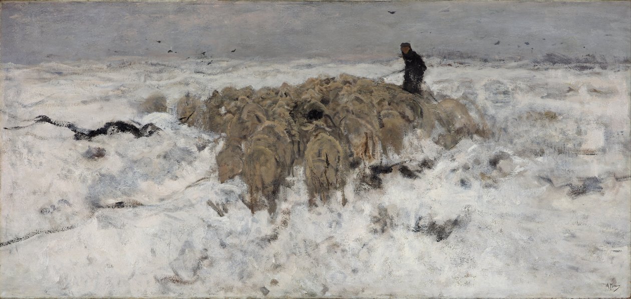Kudde schapen met herder in de sneeuw door Anton Mauve