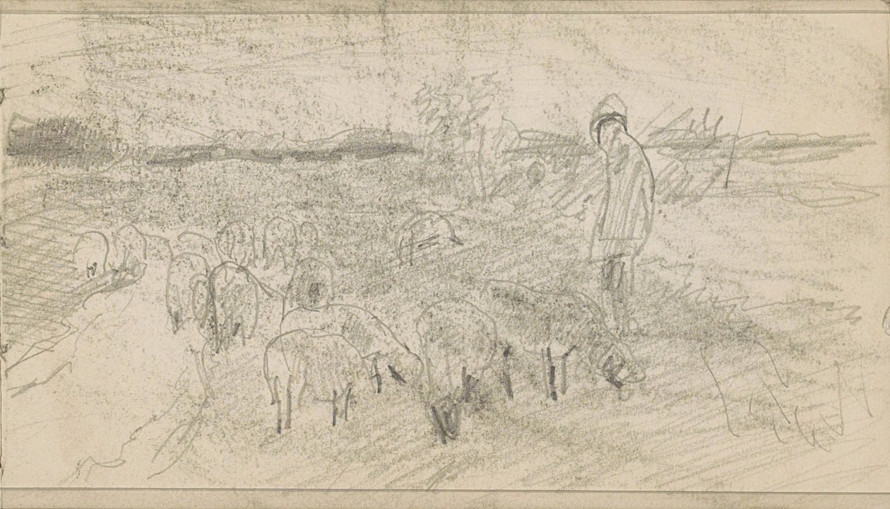 Herder met een kudde schapen in een landschap door Anton Mauve