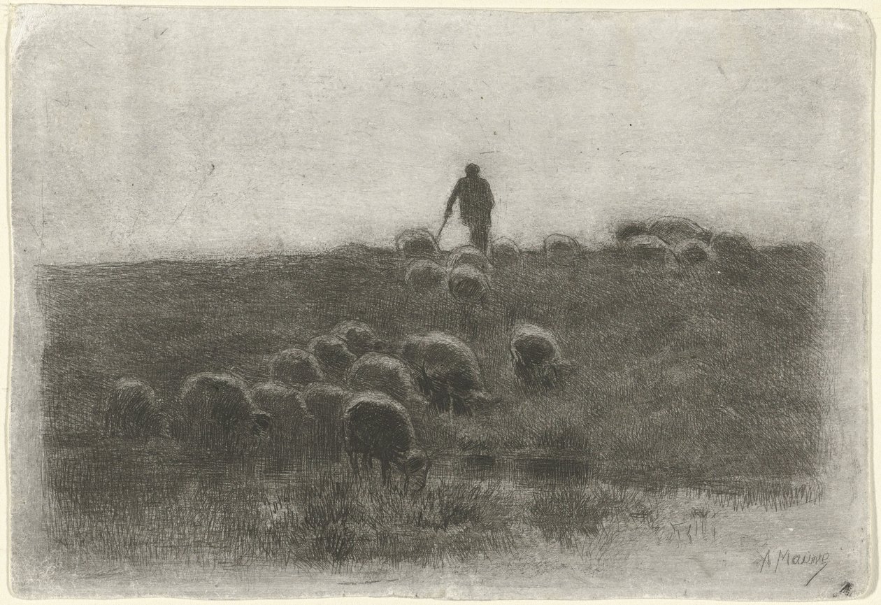 Herder met kudde schapen door Anton Mauve