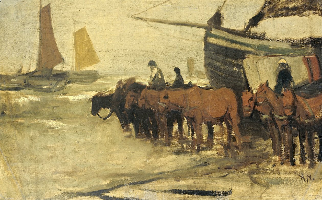 Het in zee brengen van een visserspink door Anton Mauve