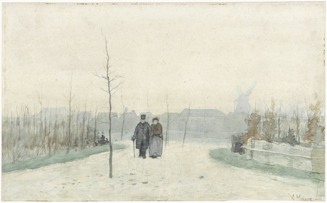 Oud paar in een nieuw aangelegd park door Anton Mauve