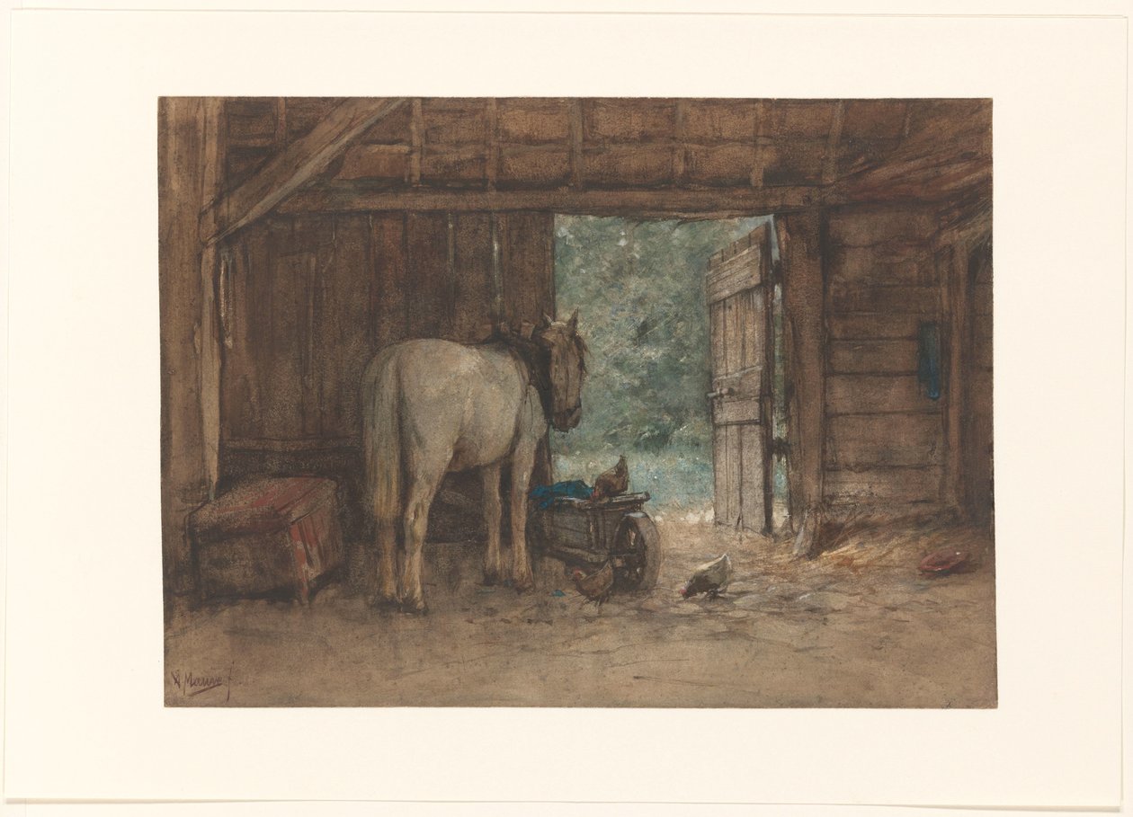 Paard in een stal bij een open staldeur door Anton Mauve