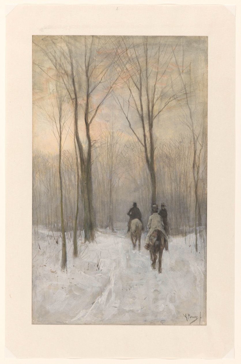 Ruiters in de sneeuw in het Haagse bos door Anton Mauve