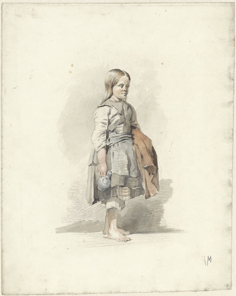 Staand meisje met kruik en mantel onder de arm door Anton Mauve