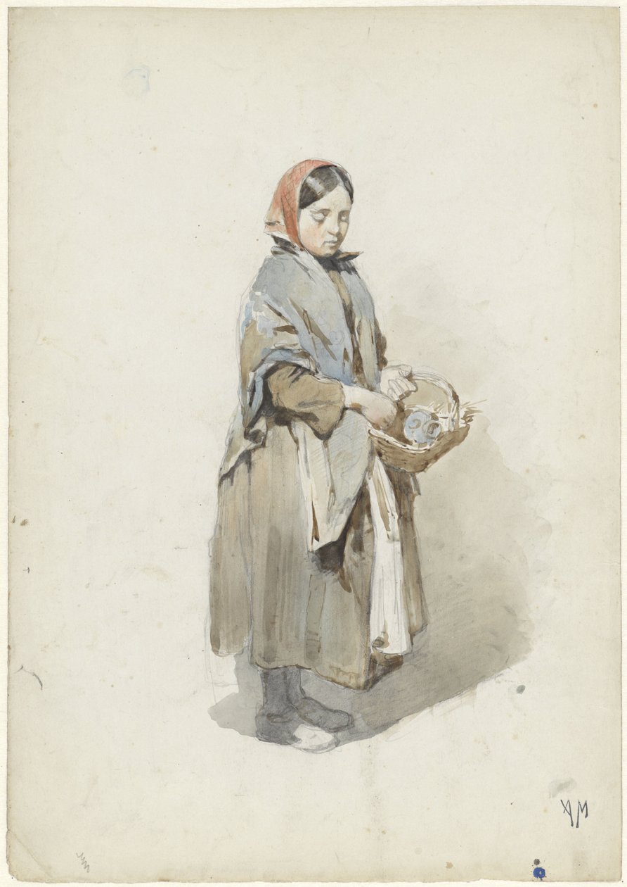 Staande vrouw met hoofddoek en mand door Anton Mauve