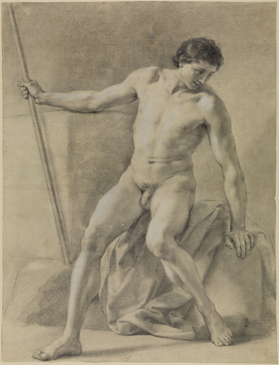 Zittend mannelijk naakt, bijna frontaal, staf in de rechterhand, neerblikkend door Anton Raphael Mengs