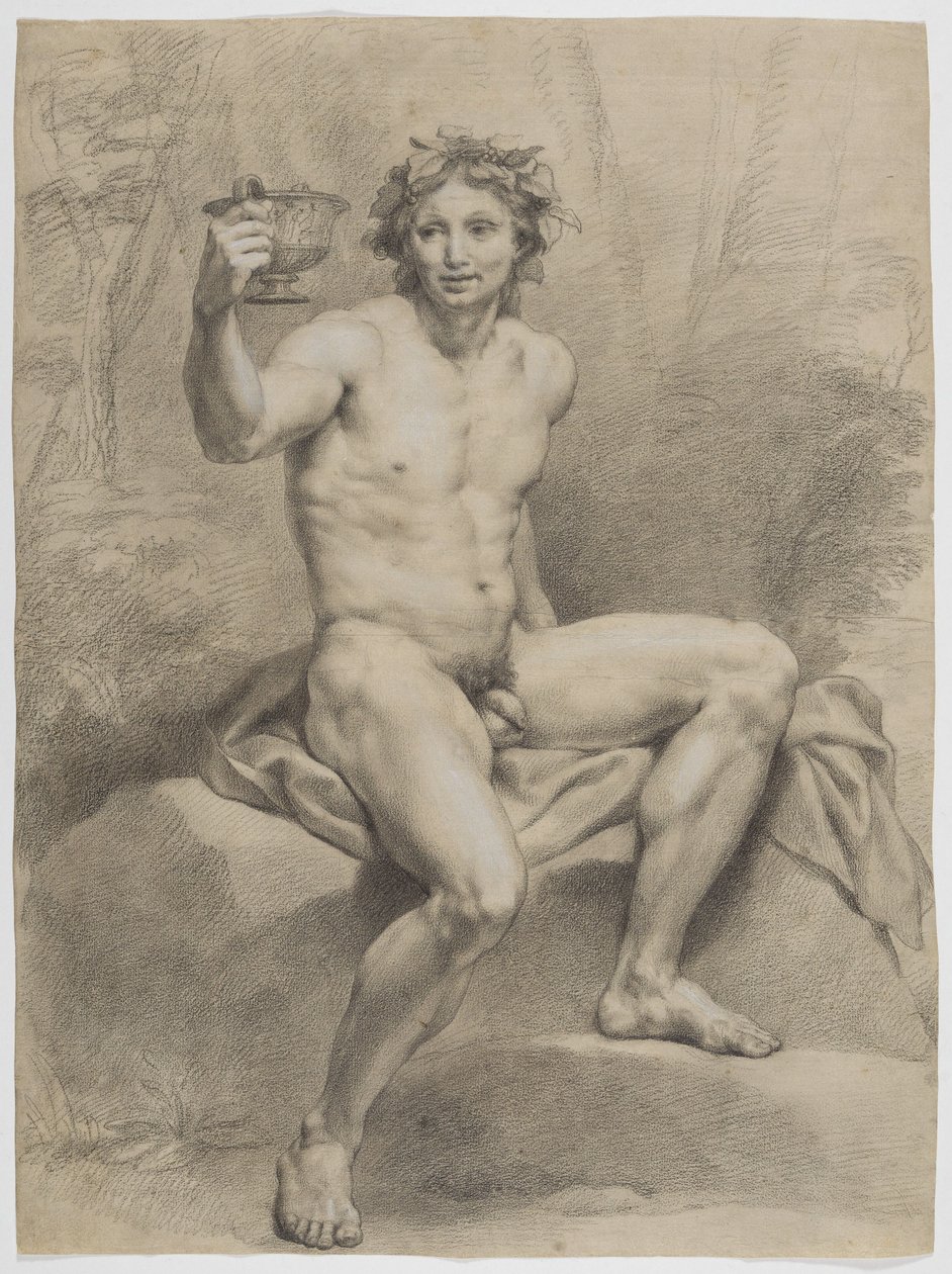 Zittend mannelijk naakt, schuin naar rechts, met een wijnbladkrans en een drinkbeker in de rechterhand door Anton Raphael Mengs
