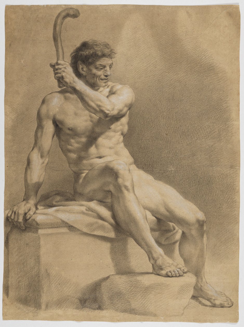 Zittend mannelijk naakt, schuin naar rechts gewend, met de linkerhand een kleine knots omhooghoudend door Anton Raphael Mengs