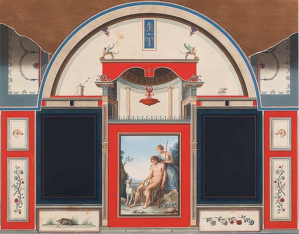 Muurschildering van een Romeins huis op het terrein van de Villa Negroni in Rome, Venus en de gewonde Adonis door Anton Raphael Mengs