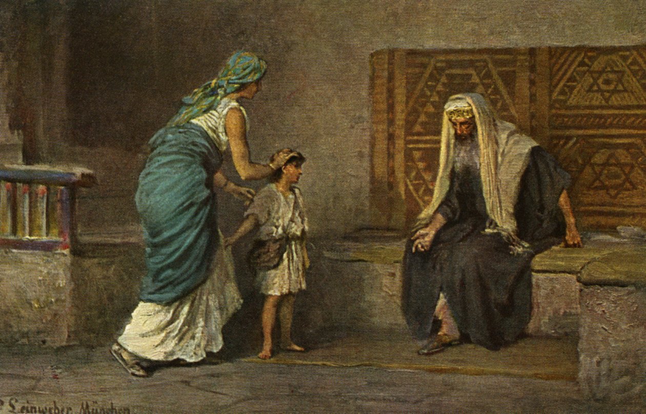 Hannah brengt Samuel naar Eli in de tempel door Anton Robert (after) Leinweber