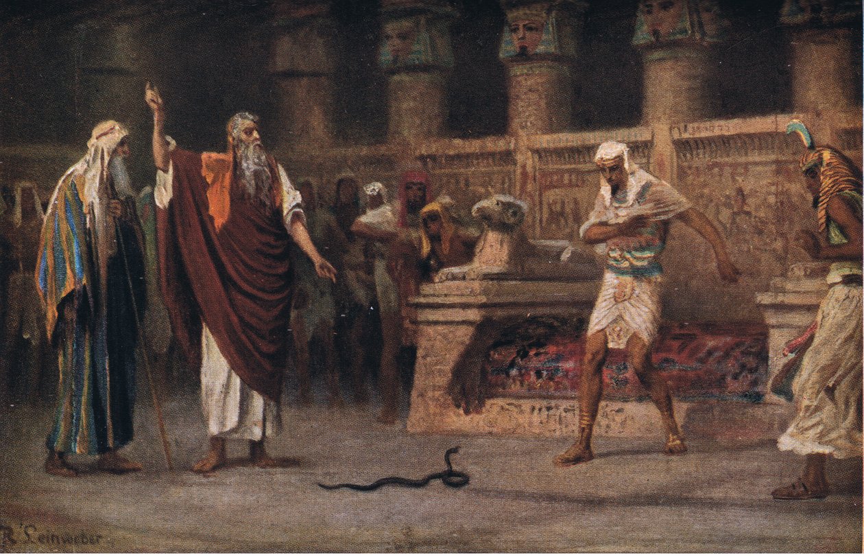 Mozes en Aäron voor de farao, uit Hulberts Verhaal van de Bijbel uitgegeven door The John Winston Company, 1932 door Anton Robert Leinweber