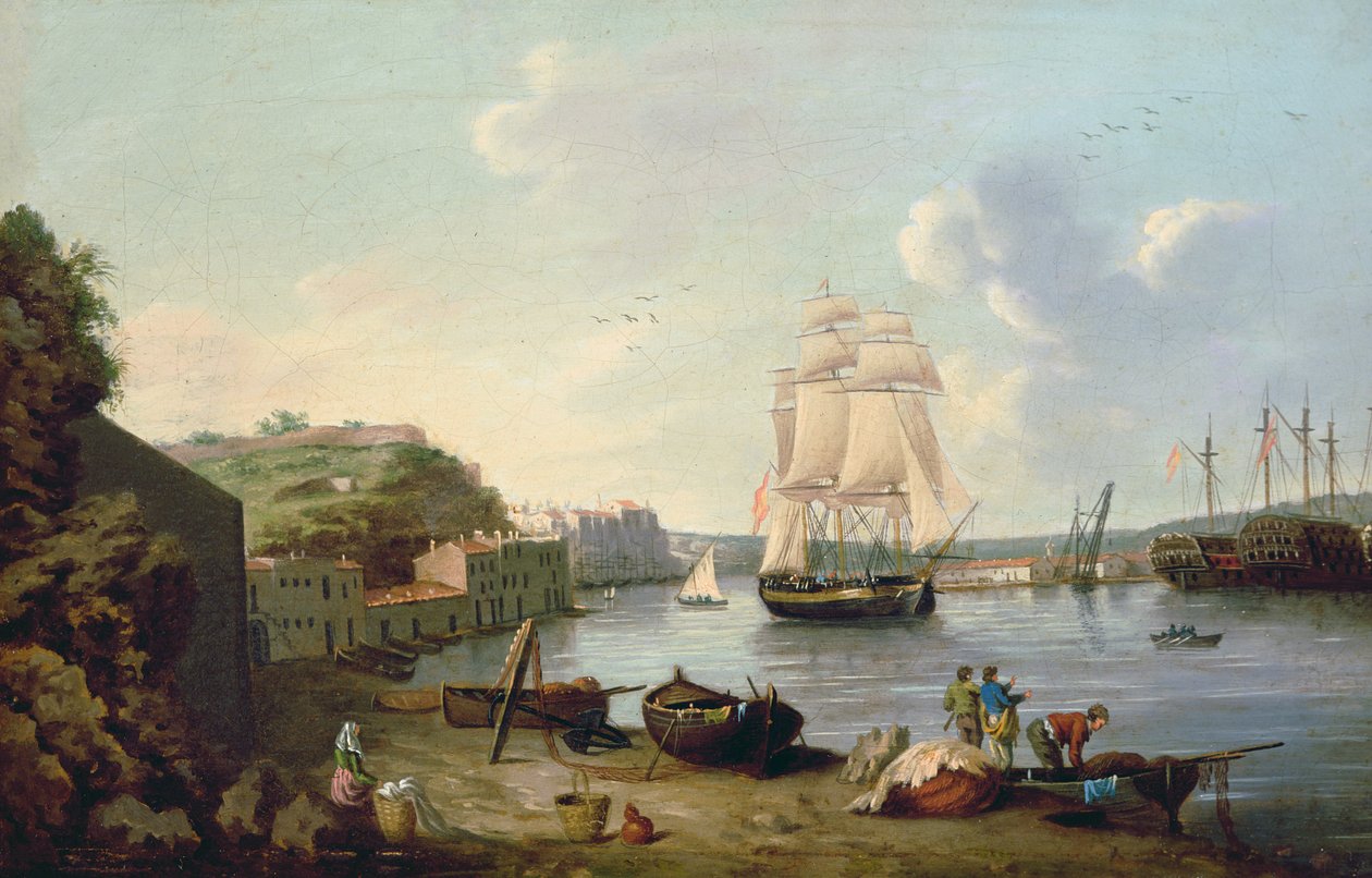 Schip onder Zeil in de Haven van Port Mahon, Minorca door Anton Schantz