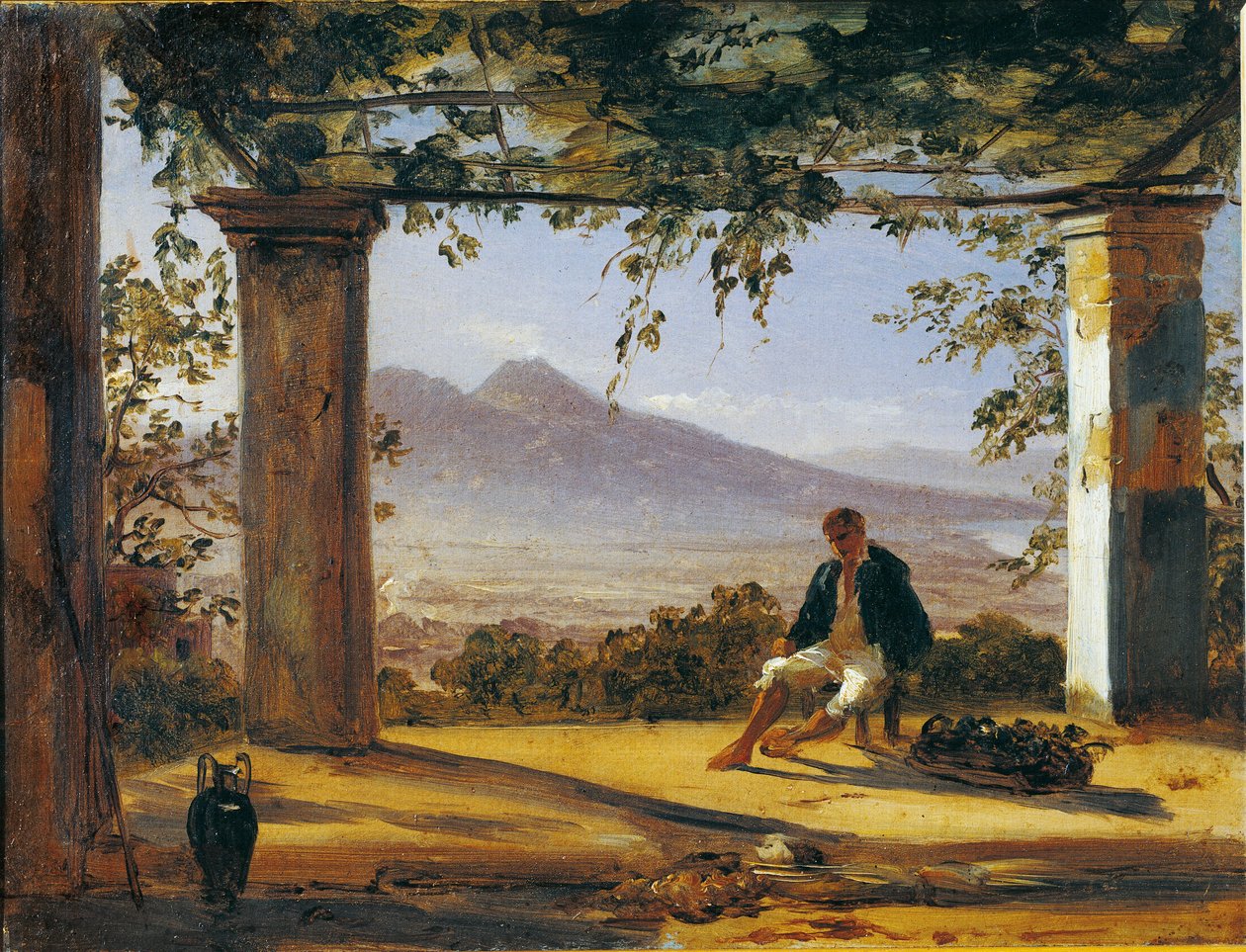 Italië, Onder een prieel met de Vesuvius op de achtergrond door Anton Sminck Pitloo
