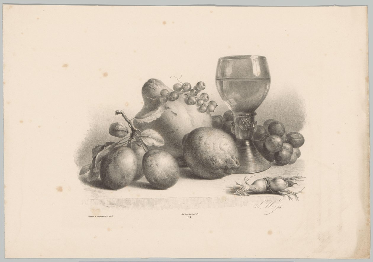 Stilleven met glas, pruimen, citroen, druiven en hazelnoten door Anton Weiss