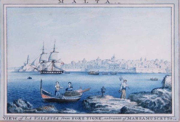 Malta: Uitzicht op La Valletta vanaf Fort Tigne, ingang van Marsamuscetto door Anton the Younger (circle) Schranz