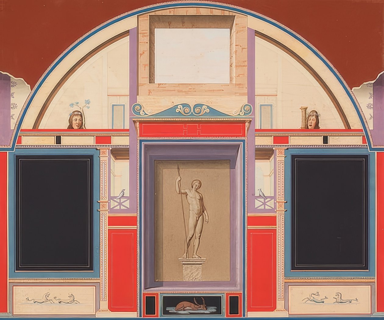 Muurschildering van een Romeins huis op het terrein van Villa Negroni in Rome, standbeeld van Adonis door Anton von Maron