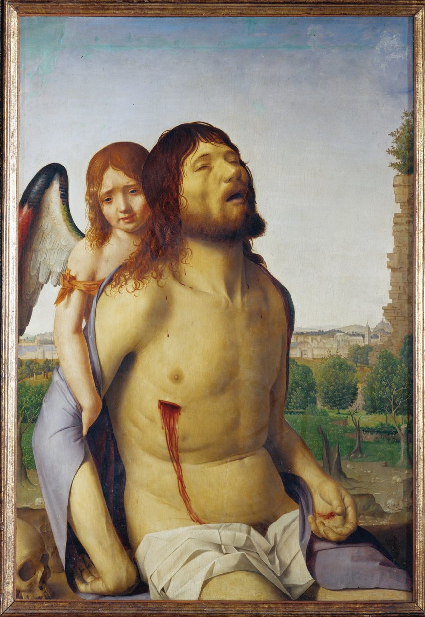 Dode Christus ondersteund door een engel (schilderij op hout) door Antonello da Messina