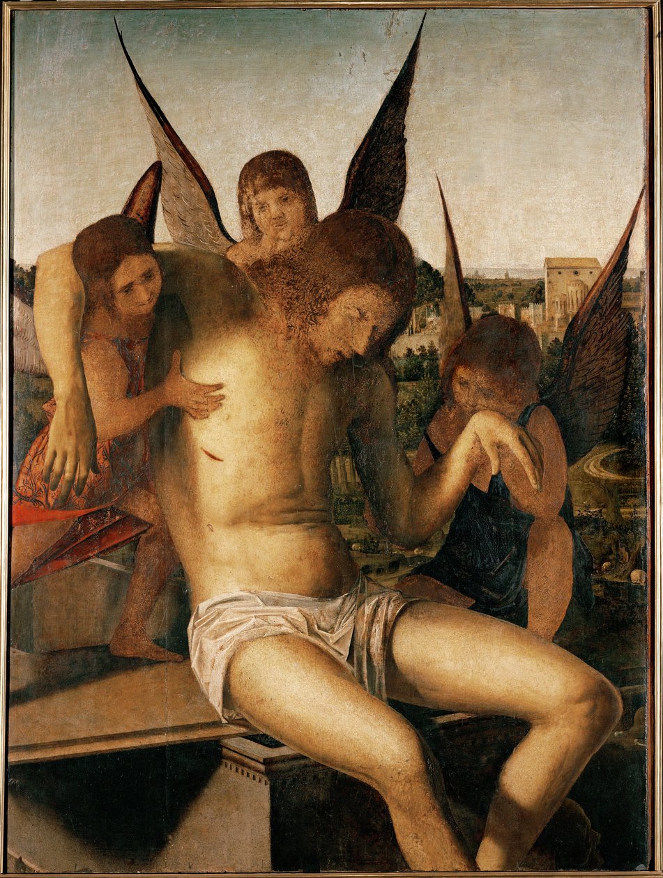 Pieta met drie engelen, ca. 1475 (olieverf op hout) door Antonello da Messina