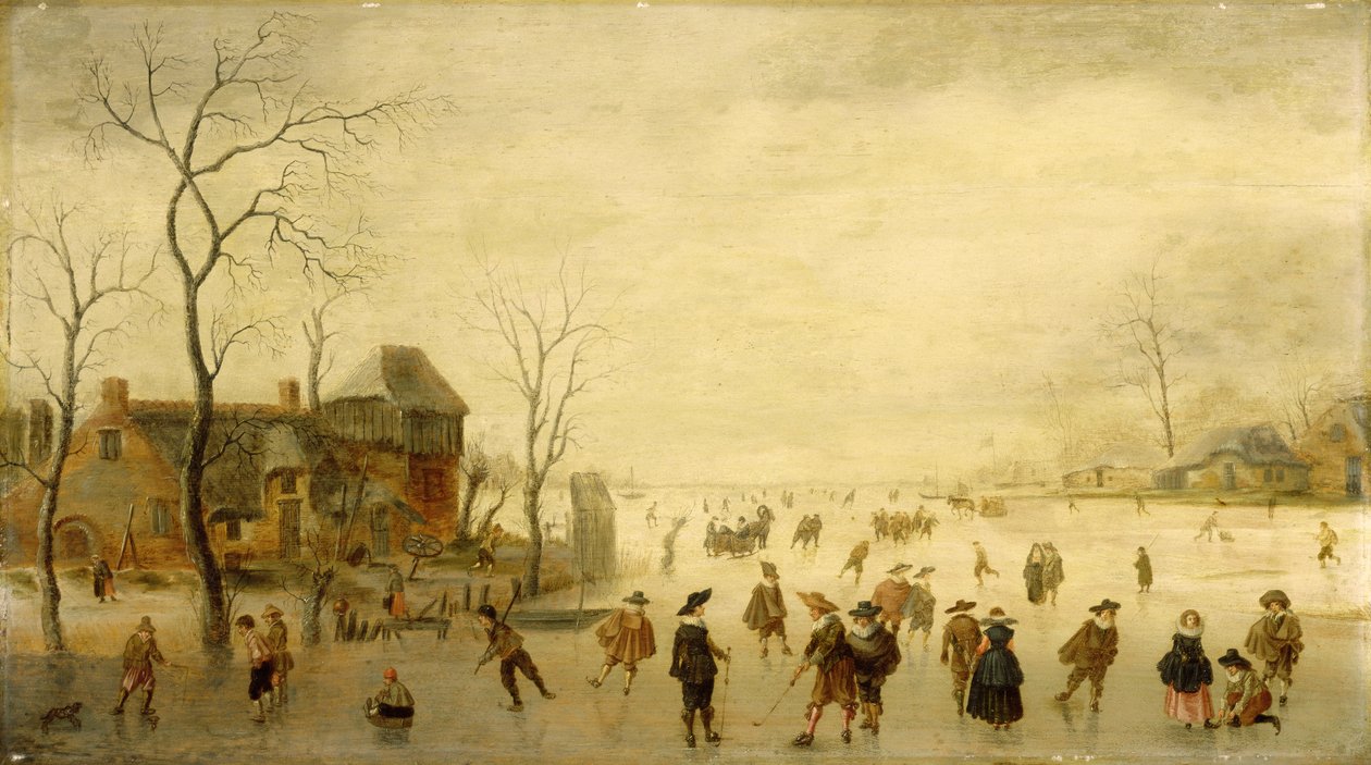 Winterlandschap met schaatsers, golfspelers en boeren op bevroren waterwegen door Antoni  Verstralen