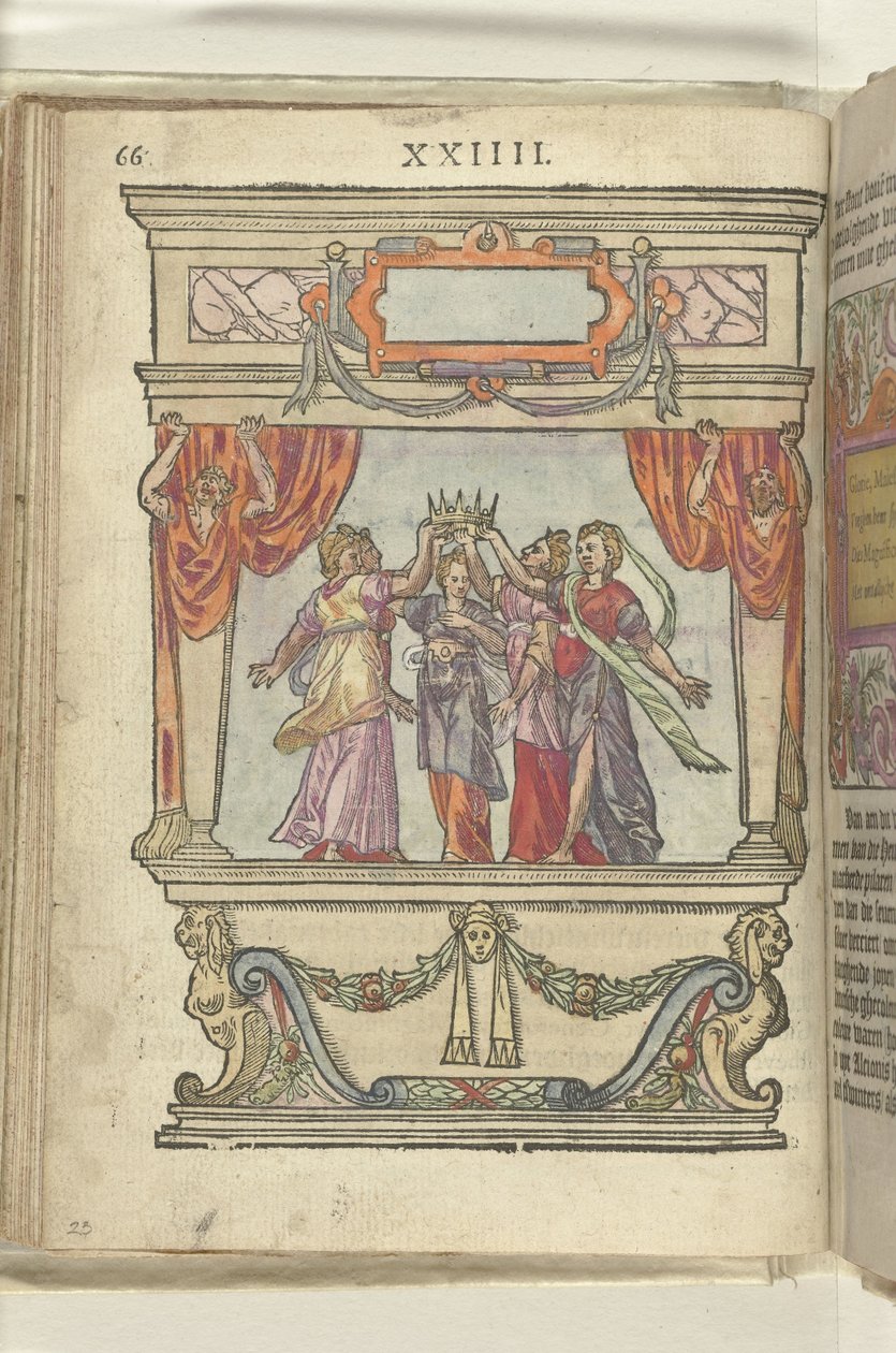 Toneel waarop de personificaties van Glorie, Majesteit, Generositeit, Magnificentie en Modestheid samen een kroon hoog houden door Antoni van Leest