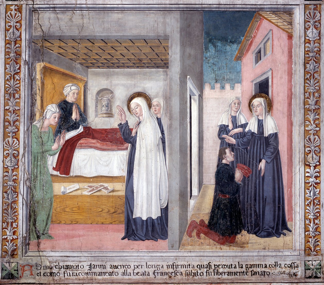 Leven van St. Francesca Romana: De heilige geneest een man die zijn been heeft verloren door Antoniazzo Romano