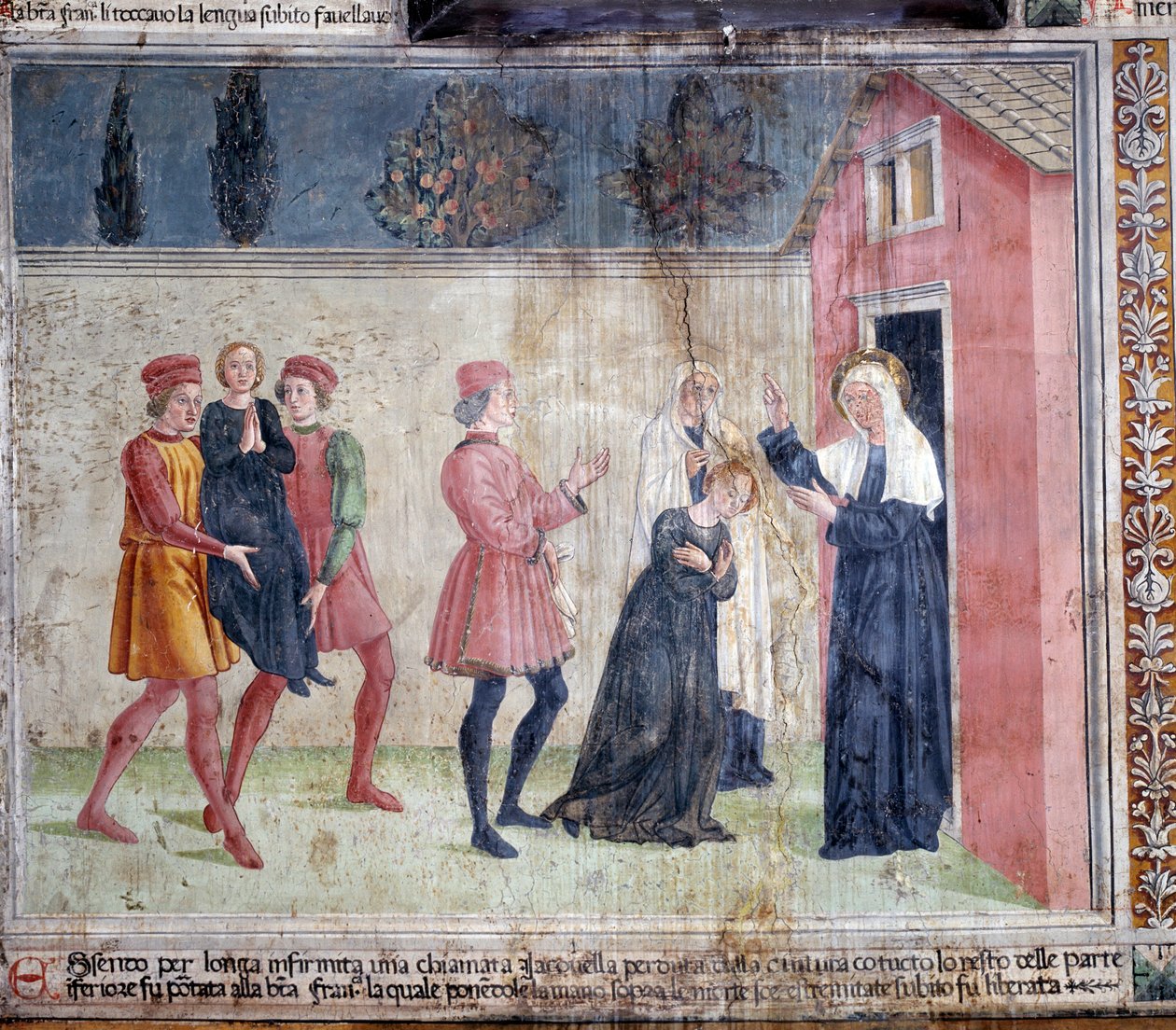 Leven van St. Francesca Romana: De heilige ontmoet een verlamde vrouw genaamd Jacobella en belooft haar te genezen door Antoniazzo Romano