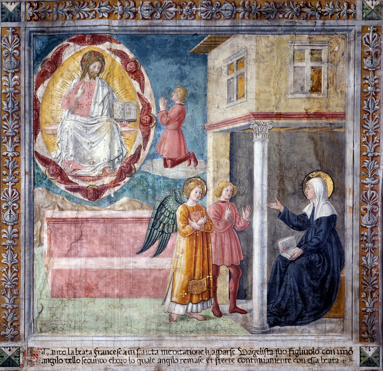 Leven van Sint Francesca Romana: De zoon van de heilige, gedood door de builenpest, verschijnt aan haar met een engel door Antoniazzo Romano