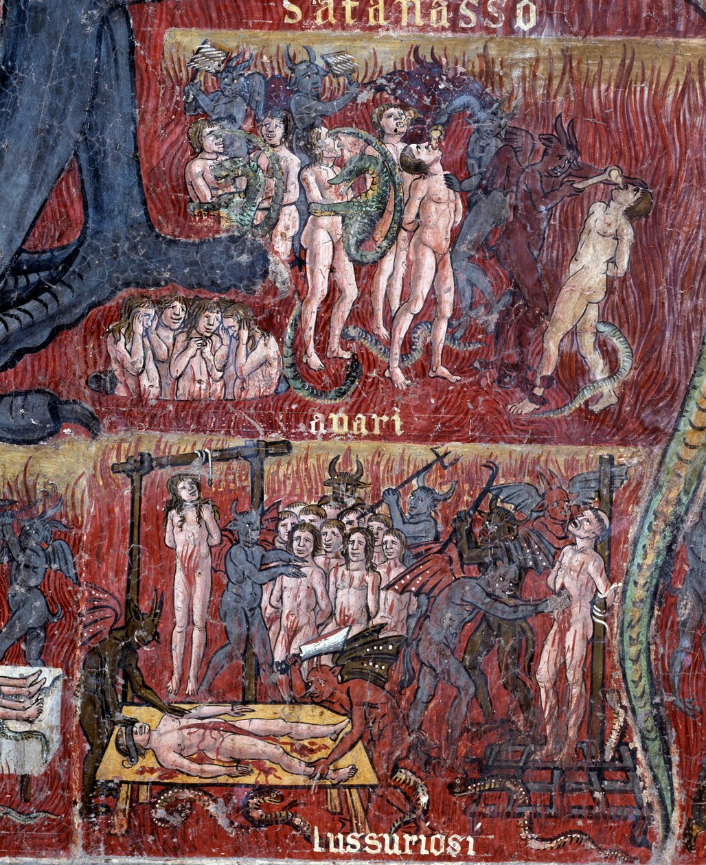 De duivel in de hel, detail van de cirkel van lust en hebzucht door Antoniazzo Romano