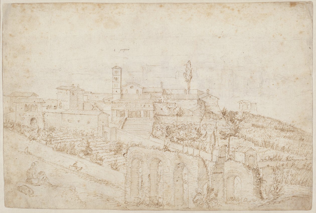 De Kerk van S. Gregorio Magno op de Celiaanse Heuvel (verso) door Antonie van den Wyngaerde