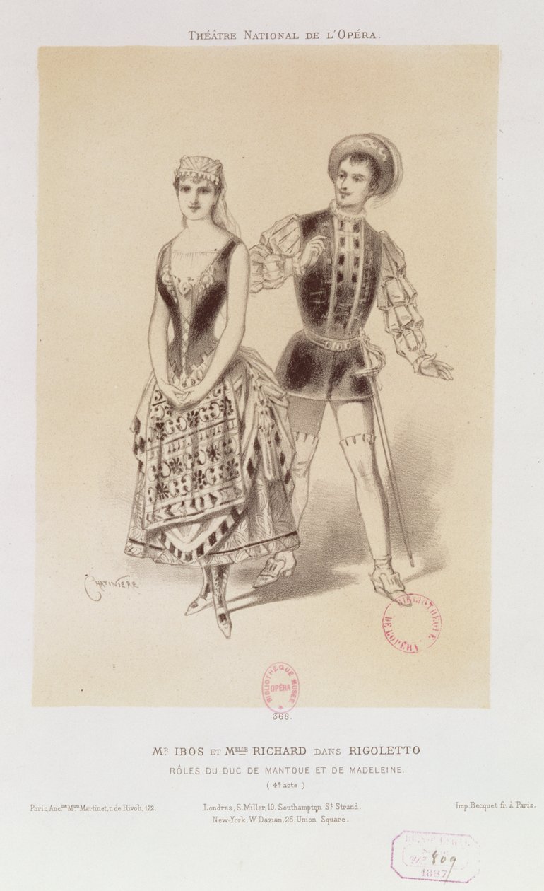 Mr. Ibos en Miss Richard als de Hertog van Mantua en Magdalen in Rigoletto door Verdi, 1885 door Antonin Marie Chatiniere