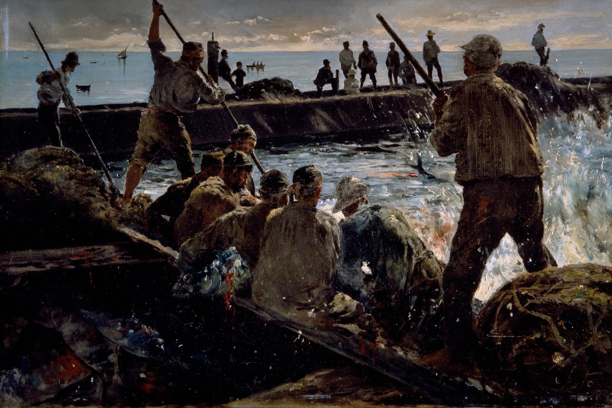 Slachting van tonijn, schilderij door Antonino Leto door Antonino Leto