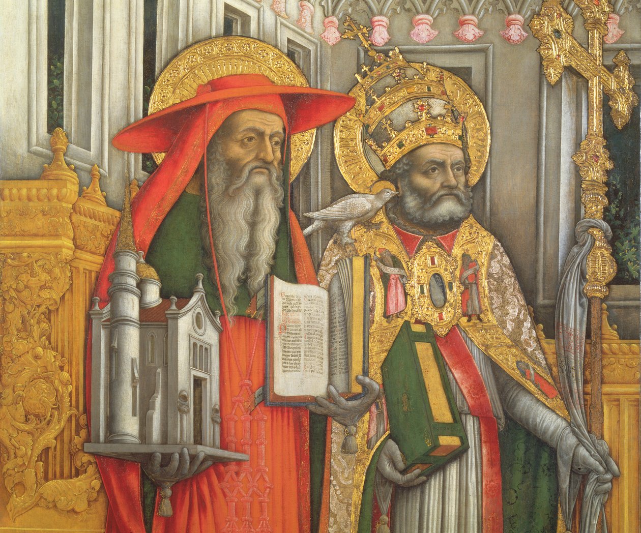 St. Hiëronymus en St. Gregorius, detail van het linker paneel van De Maagd Enthroned met Heiligen Hiëronymus, Gregorius, Ambrosius en Augustinus, 1446 (post restauratie) door Antonio Vivarini