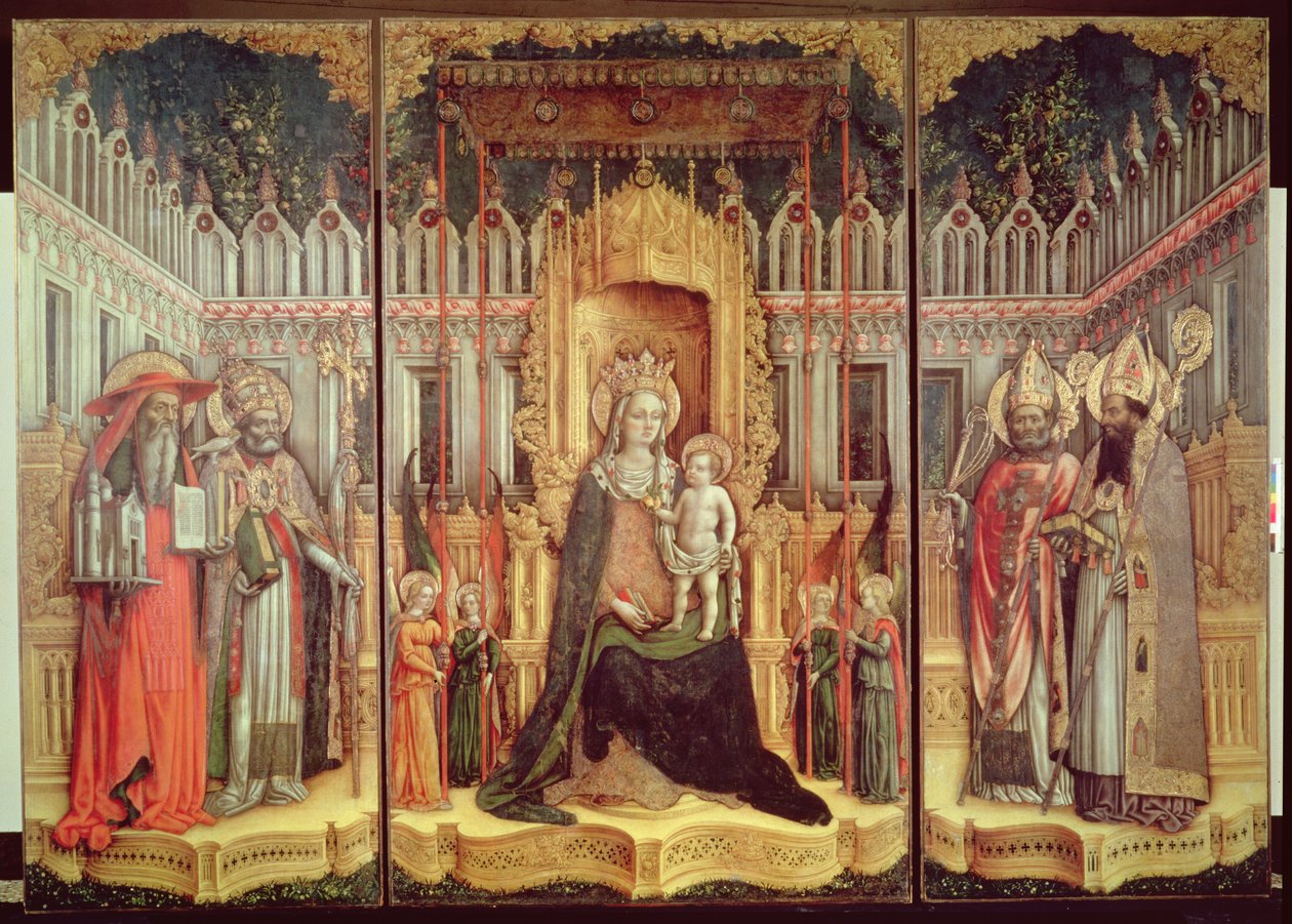 De Maagd op de troon met heiligen Hiëronymus, Gregorius, Ambrosius en Augustinus door Antonio Vivarini