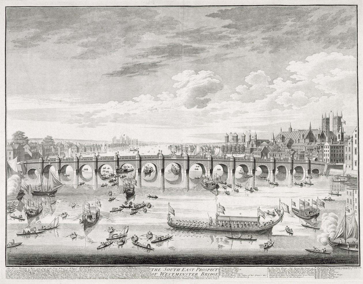 Het zuidoostelijke uitzicht op Westminster Bridge - Boten arriveren bij het Parlement voor de beëdiging van Sir John Barnard (1685-1764) als Lord Mayor van de City of London, 1747 door Giovanni Antonio Canal