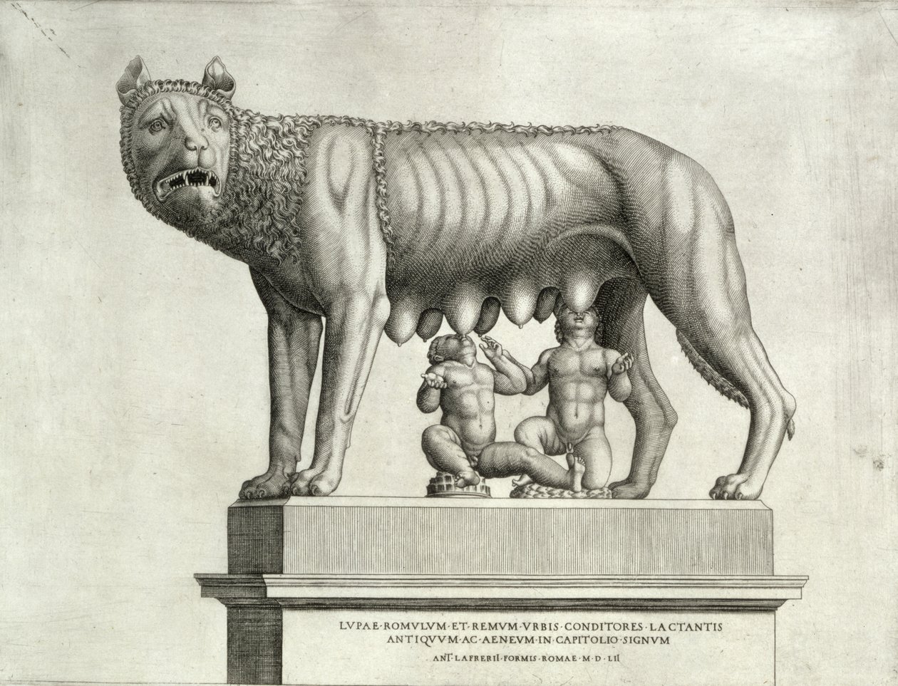 Tekening van het Etruskische brons van de wolvin die Romulus en Remus zoogt, 5e eeuw v.Chr., in het Capitoolmuseum, 1552 door Antonio Lafreri