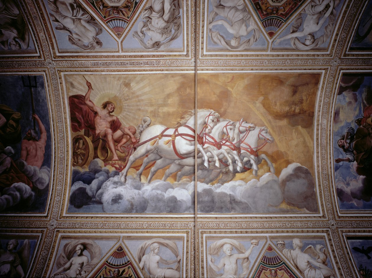 De zonnegod die zijn wagen door de lucht rijdt, plafondschildering door Antonio Maria Viani