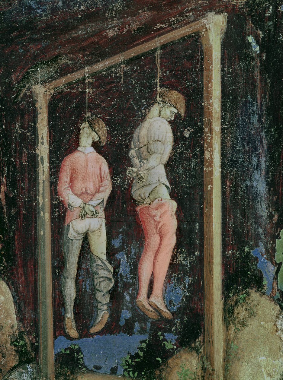 St. George en de Prinses van Trebizond, detail van twee hangende mannen van de linkerzijde, c.1433-38 door Antonio Pisanello