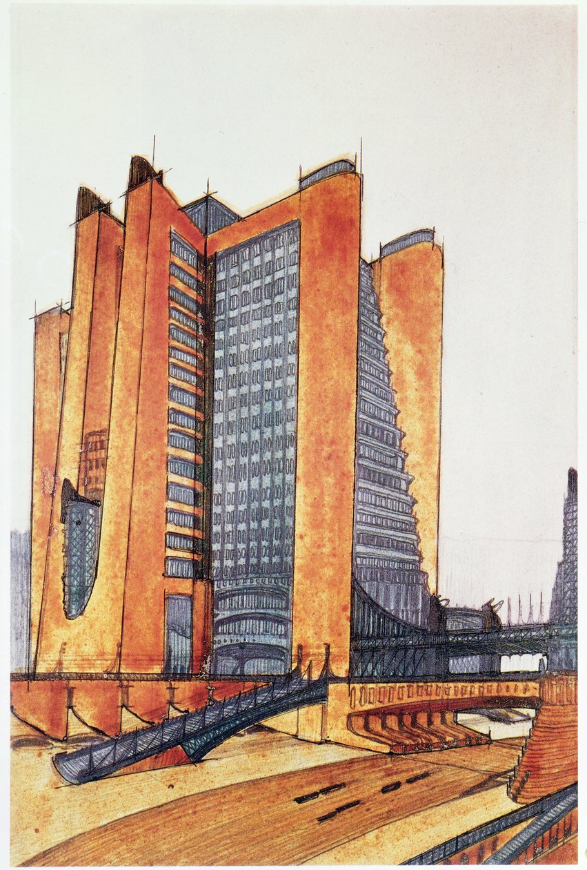 Ontwerpstudie voor een nieuwe stad door Antonio SantElia