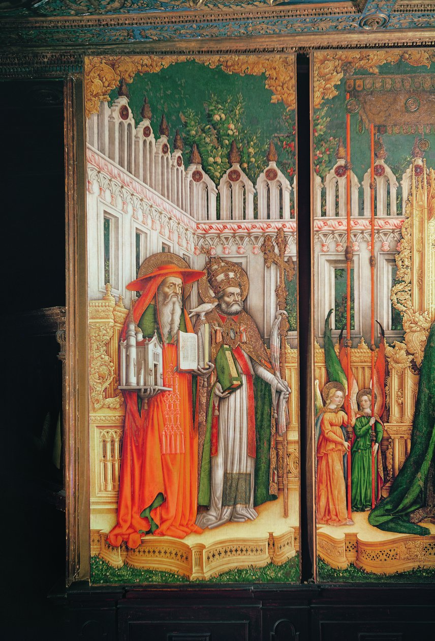 Drieluik van De Maagd en Kind omringd door Heiligen, detail van het linker paneel met Sint Hiëronymus en Sint Gregorius, 1446 door Antonio Vivarini