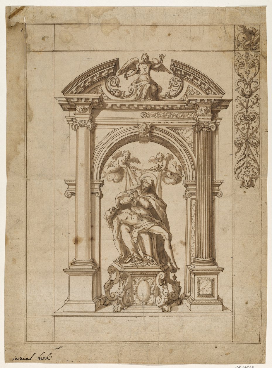 Ontwerp voor een processievlag met een Pietà onder een uitgebreide altaararchitectuur in de vorm van een triomfboog en een deel van het randontwerp rechtsboven door Antonio Aliense