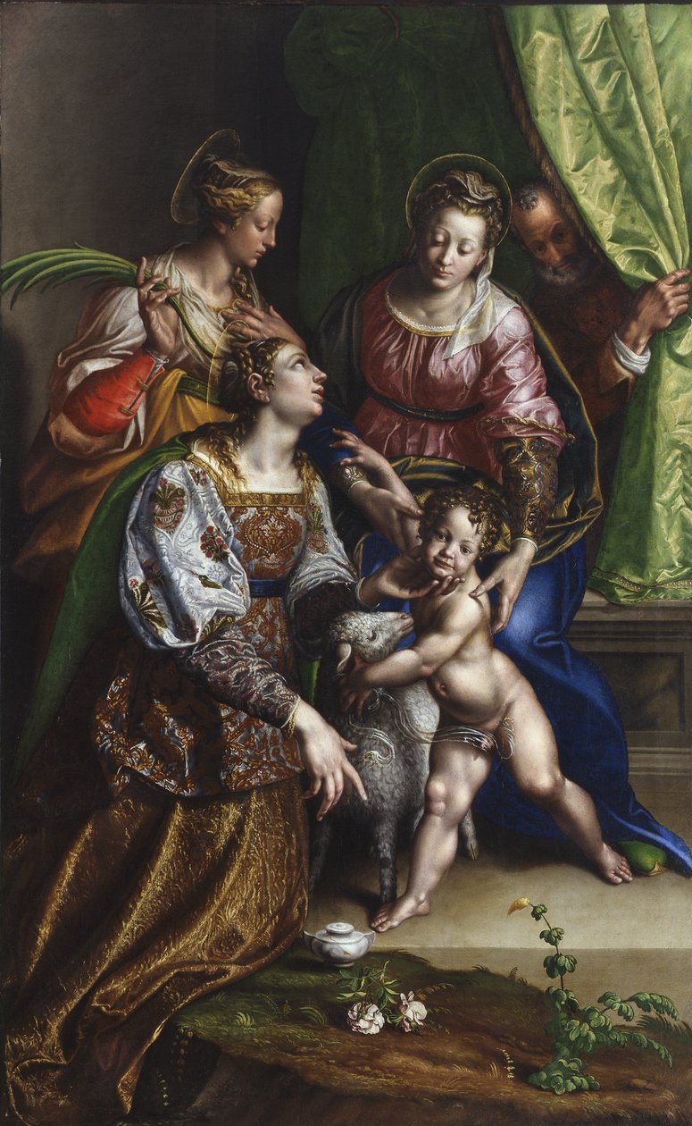 Madonna en Kind met St. Joseph, St. Catherine en St. Agnes door Antonio Campi