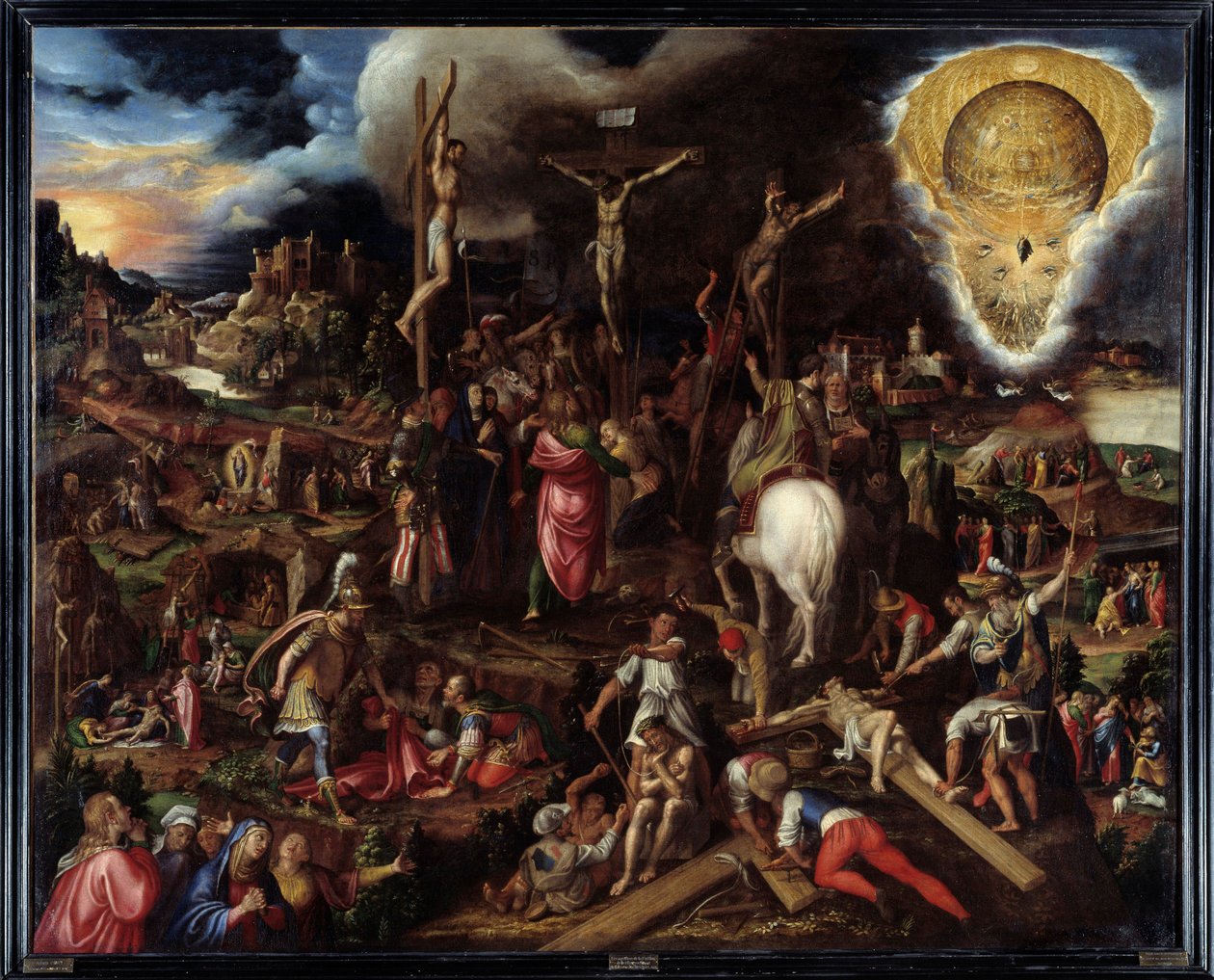 Scènes van passie: gebed in de tuin van olijfbomen, verraad van Judas, arrestatie van Christus, bespotte Christus, beklimming naar Calvarie (Kruisweg), kruisiging, opstanding... Schilderij door Antonio Campi (1526-1587) door Antonio Campi