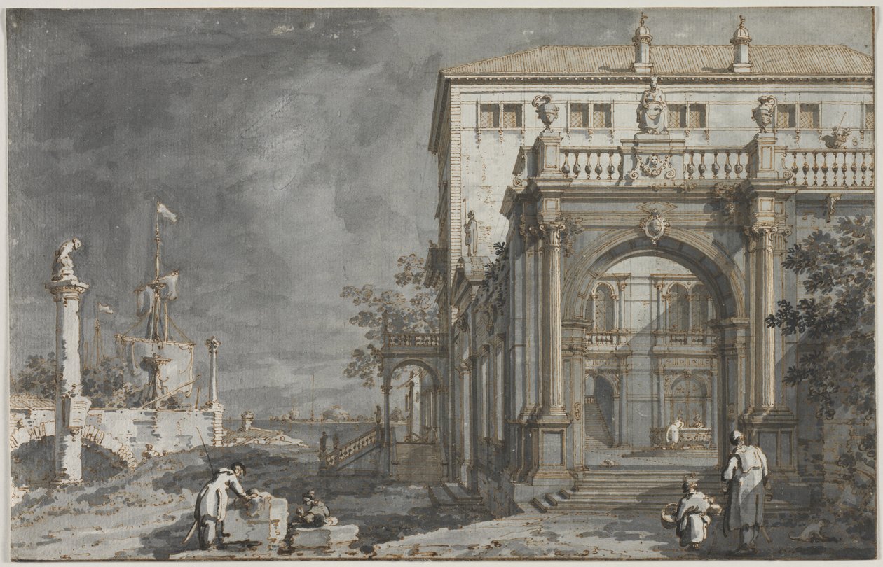 Capriccio: Een paleis met een binnenplaats aan de lagune, c. 1750-1755 door Giovanni Antonio Canal