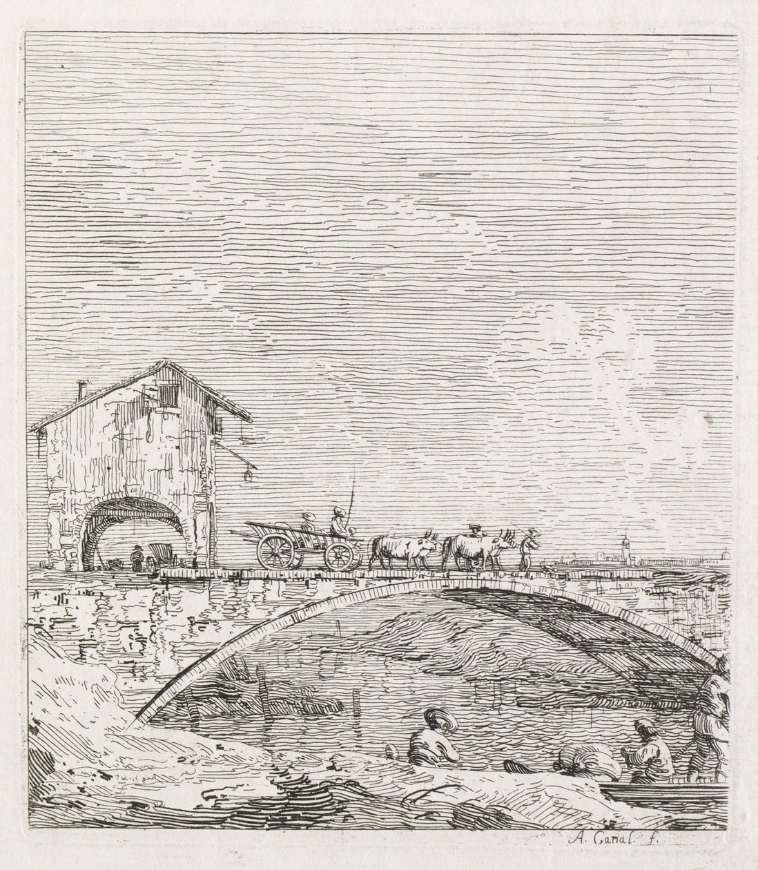 Gezichten: Een wagen die over een brug gaat, 1735-1746 door Giovanni Antonio Canal