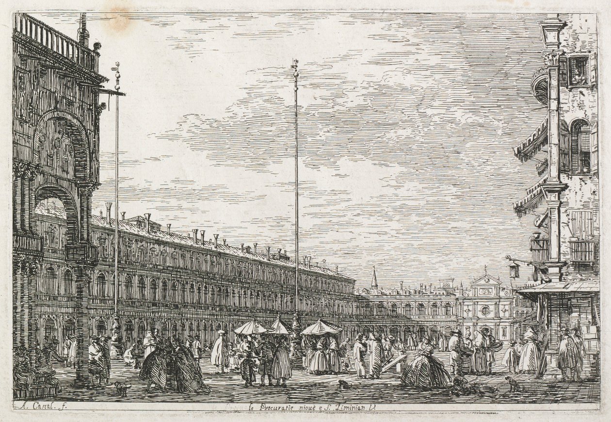 Gezichten: Het Procuratorspaleis en de kerk van St. Géminien, Venetië, 1735-1746 door Giovanni Antonio Canal