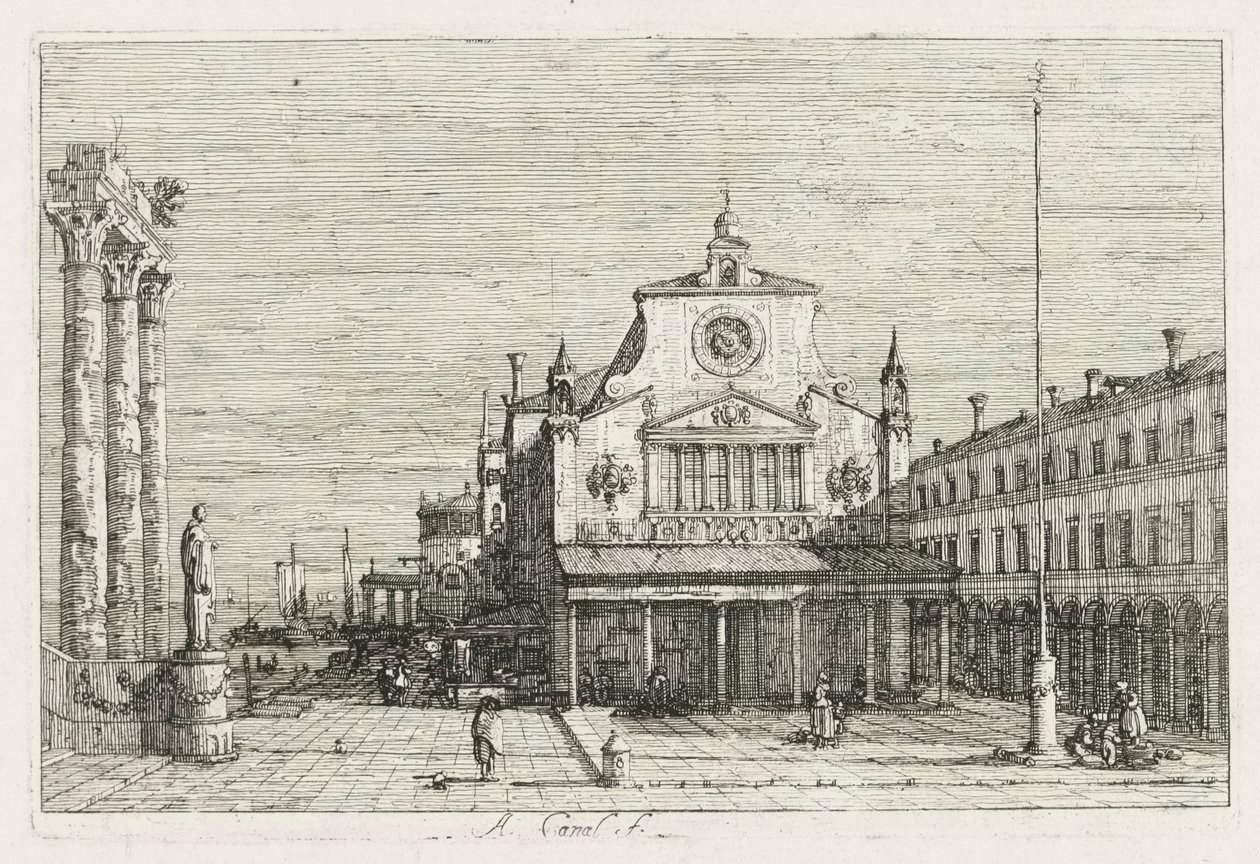 Zichten: Drie Kolommen en een Standbeeld aan de Zeekust door Antonio Canaletto