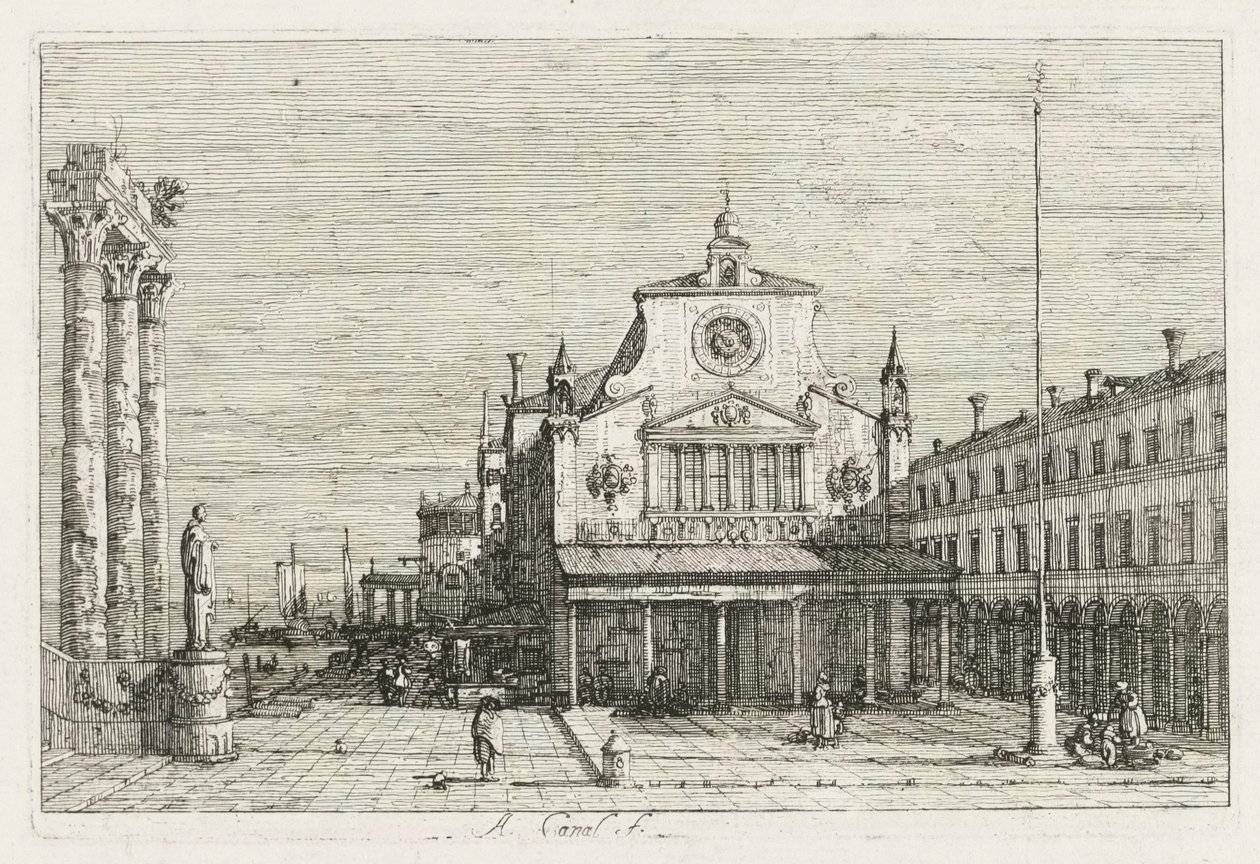 Zichten: Drie zuilen en een standbeeld aan de kust, 1735-1746 door Giovanni Antonio Canal