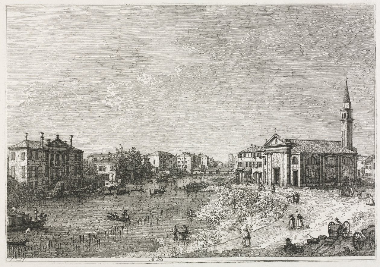 Gezichten: Uitzicht op Dolo, een stad aan de Brenta, ten westen van Venetië door Antonio Canaletto