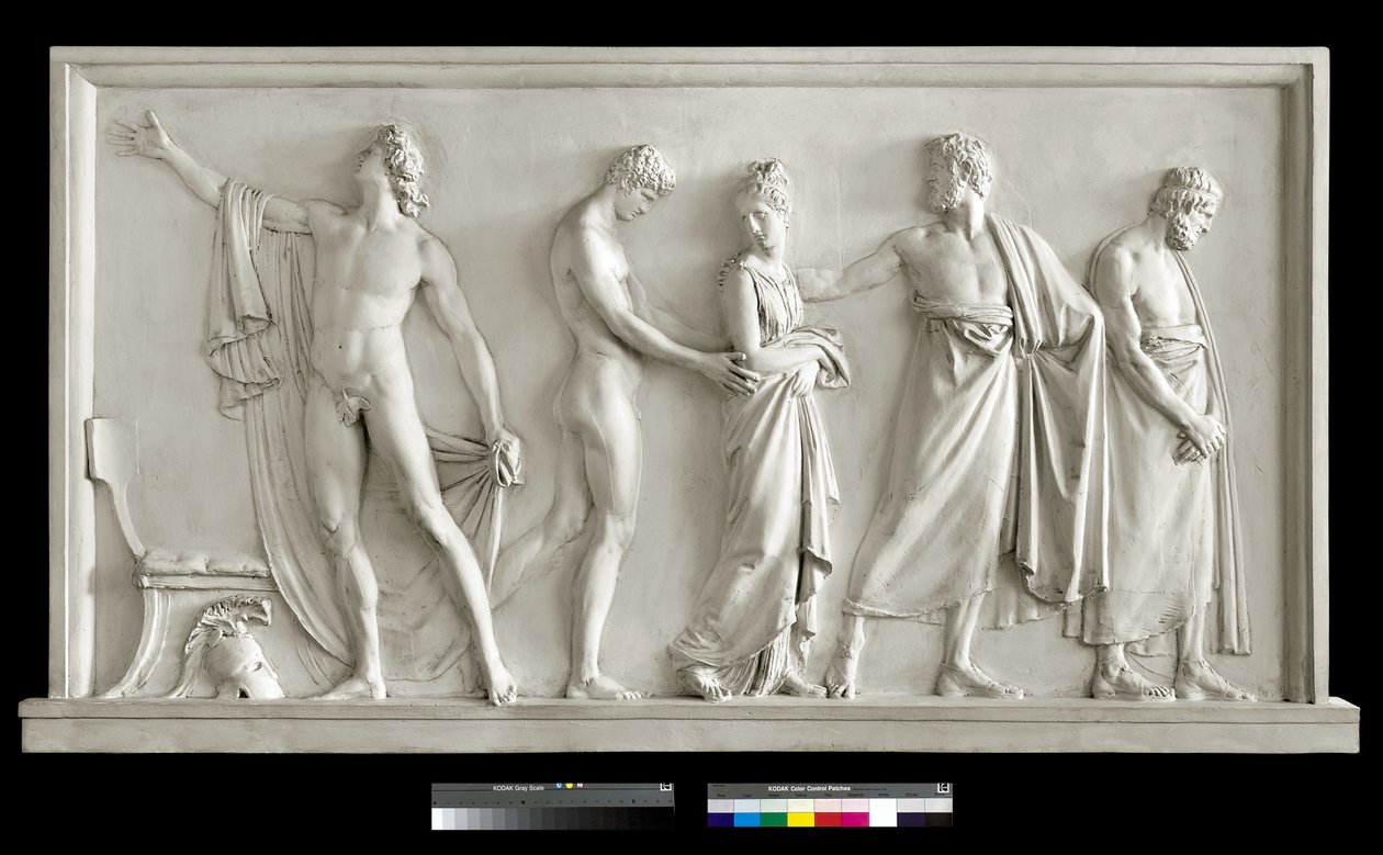 Achilles levert Briseis aan de herauten van Agamemnon (gips) door Antonio Canova