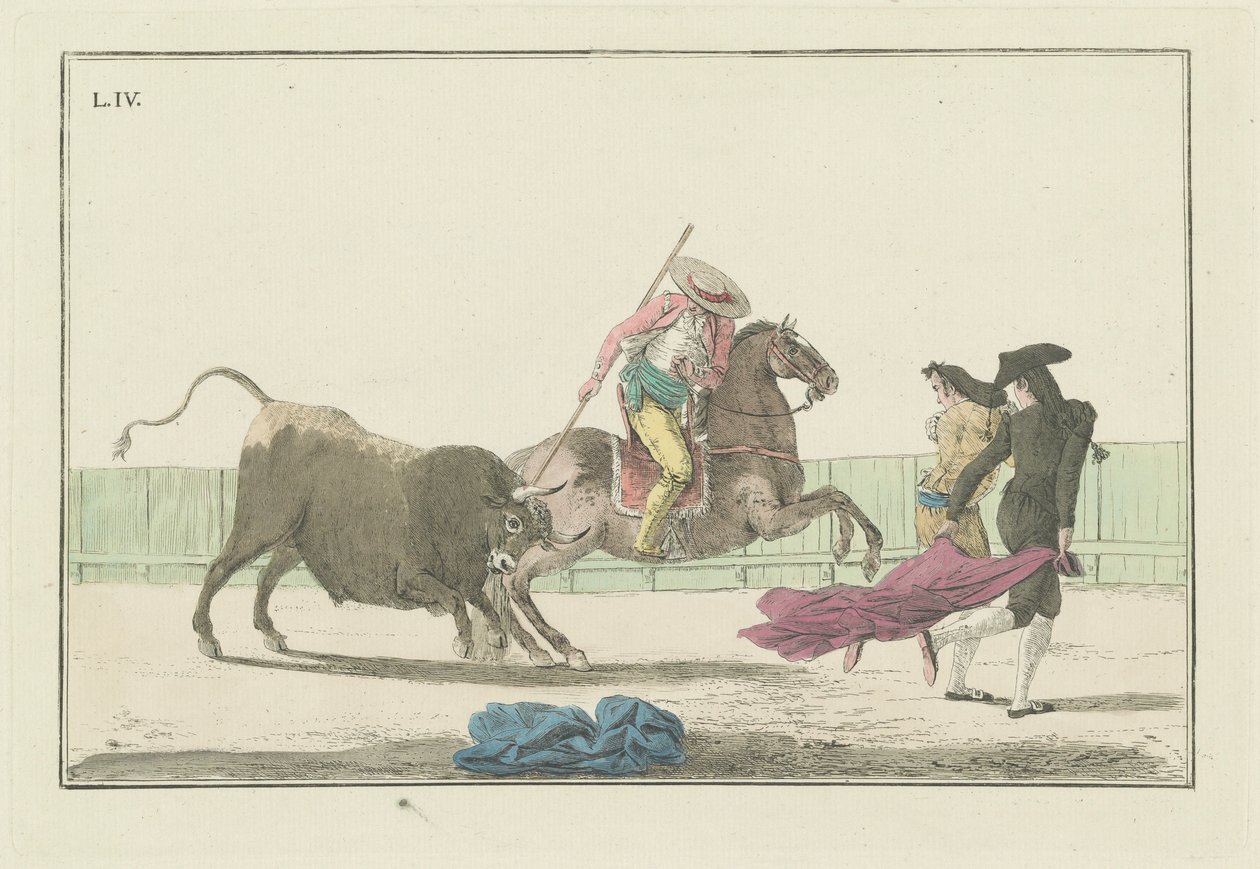 Plate IV, uit de serie Colección de las principales suertes de una corrida de toros (Collectie van de belangrijkste acties in een stierengevecht) door Antonio Carnicero